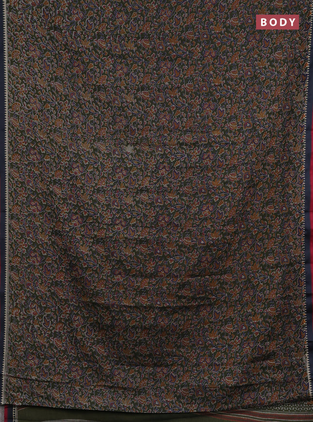 Muslin cotton saree sap green and navy blue with allover prints and woven border