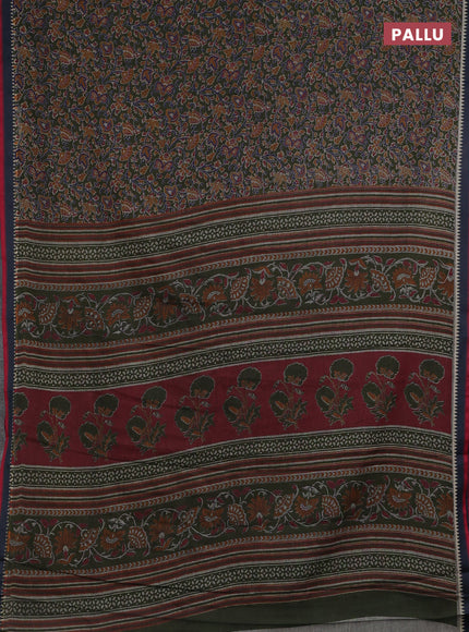 Muslin cotton saree sap green and navy blue with allover prints and woven border