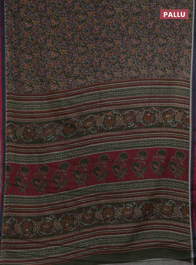 Muslin cotton saree sap green and navy blue with allover prints and woven border