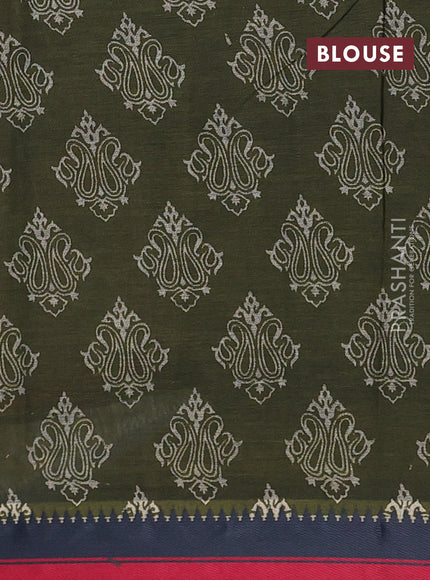 Muslin cotton saree sap green and navy blue with allover prints and woven border