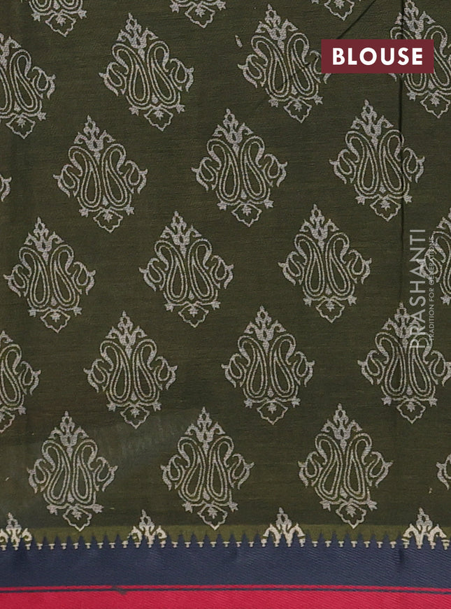 Muslin cotton saree sap green and navy blue with allover prints and woven border