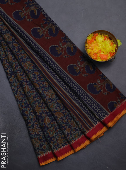 Muslin cotton saree blue and maroon with allover prints and woven border