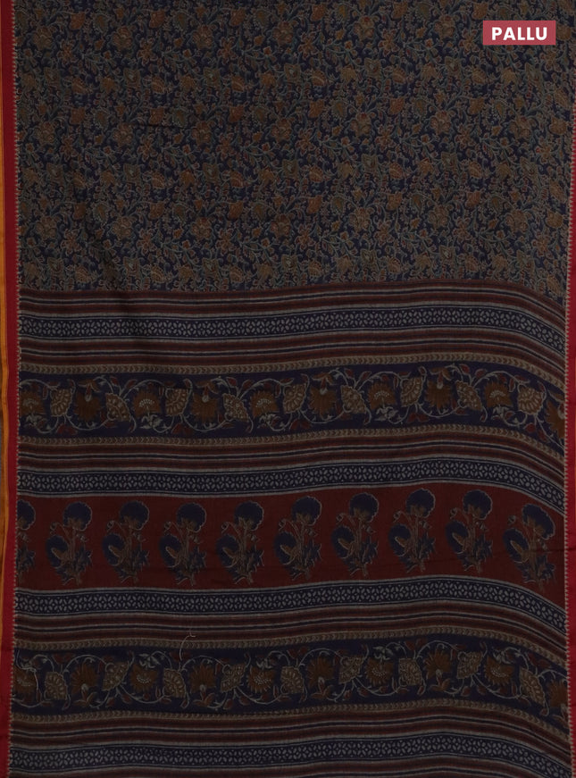 Muslin cotton saree blue and maroon with allover prints and woven border