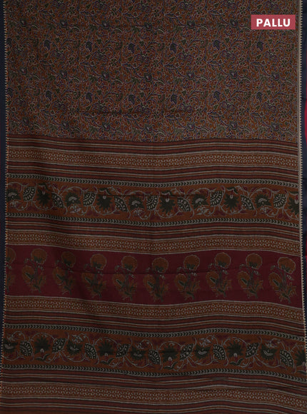 Muslin cotton saree mustard shade and black with allover prints and woven border