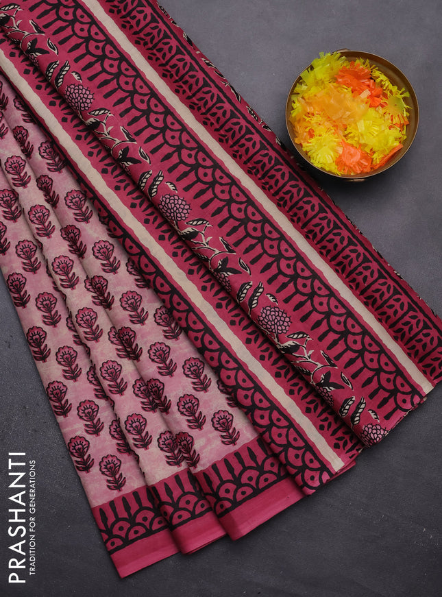Muslin cotton saree pastel pink with floral butta prints and printed border