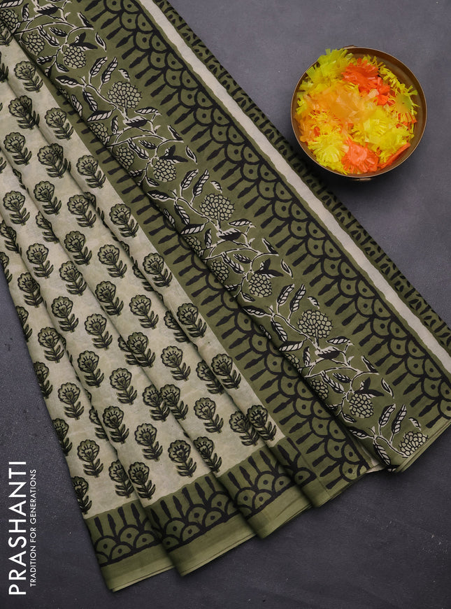 Muslin cotton saree beige and pastel green with floral butta prints and printed border
