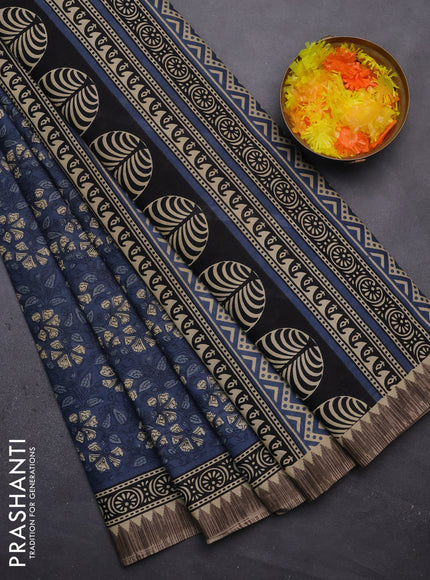 Muslin cotton saree blue and grey with allover kalamkari prints and printed border