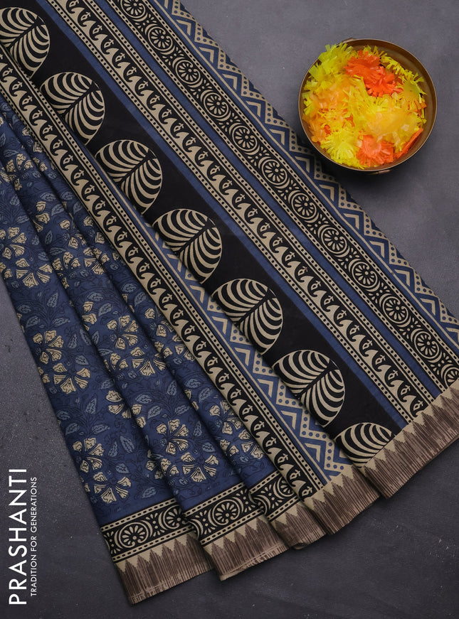Muslin cotton saree blue and grey with allover kalamkari prints and printed border