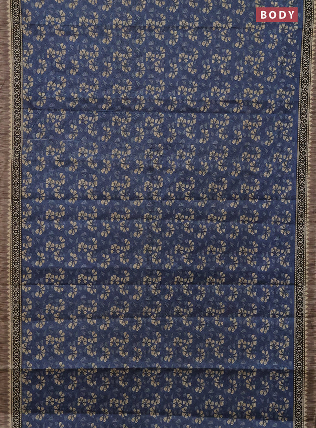 Muslin cotton saree blue and grey with allover kalamkari prints and printed border
