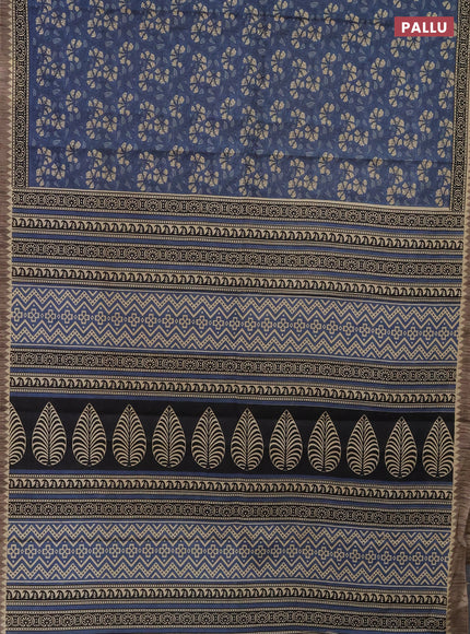 Muslin cotton saree blue and grey with allover kalamkari prints and printed border
