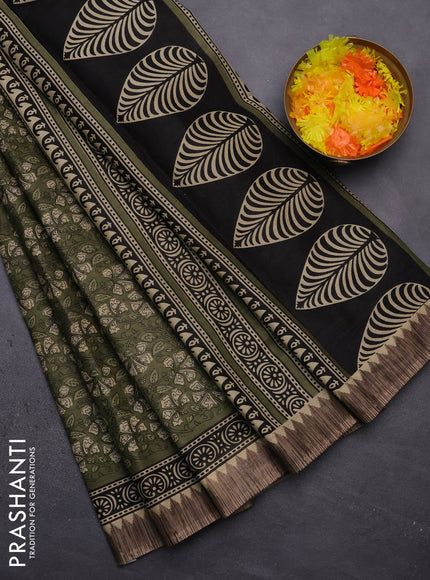 Muslin cotton saree pastel green with allover kalamkari prints and printed border
