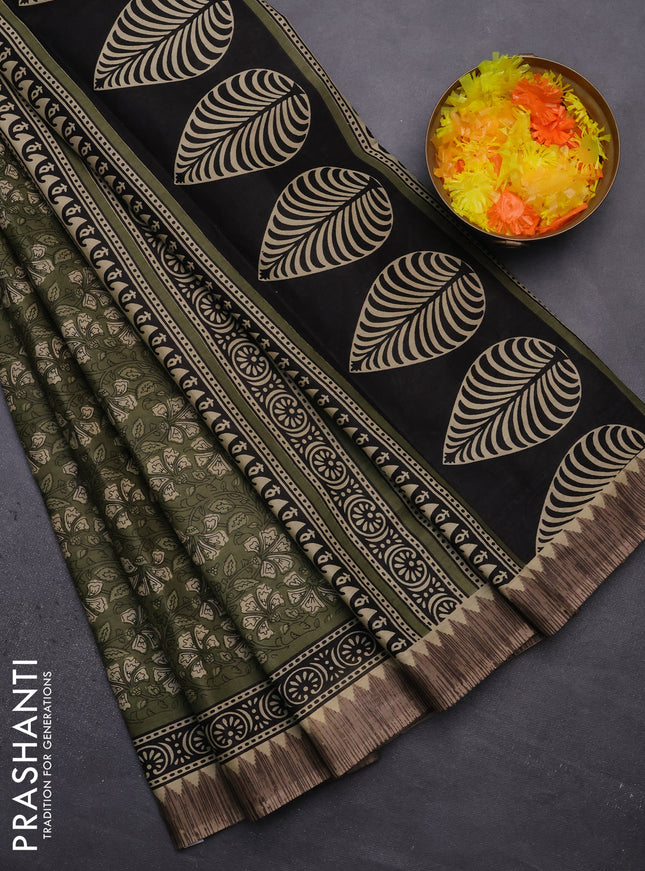 Muslin cotton saree pastel green with allover kalamkari prints and printed border