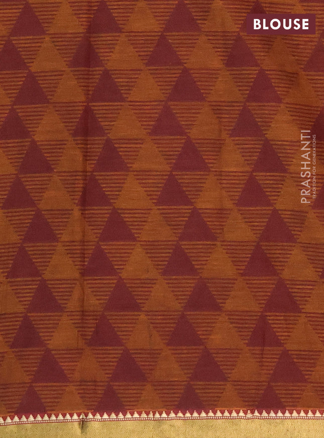 Muslin cotton saree sap green and dark mustard with allover prints and zari woven border