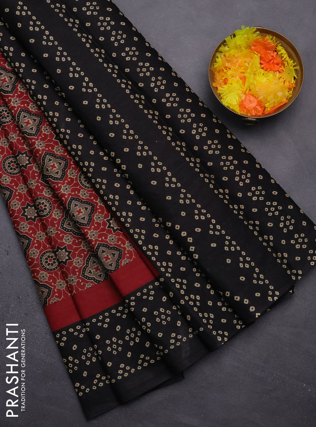 Muslin cotton saree maroon and black with ajrakh prints and printed border