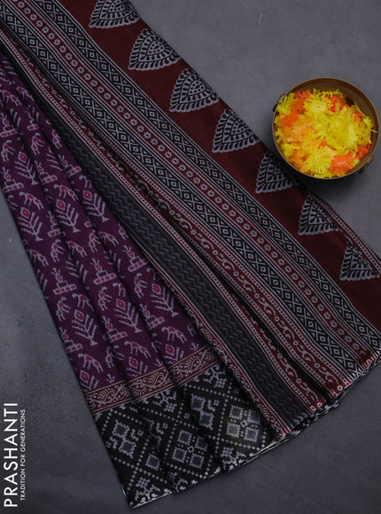 Muslin cotton saree purple and black with allover prints and printed border