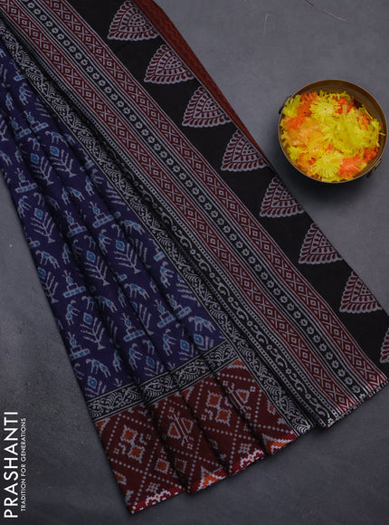 Muslin cotton saree blue and maroon with allover prints and printed border