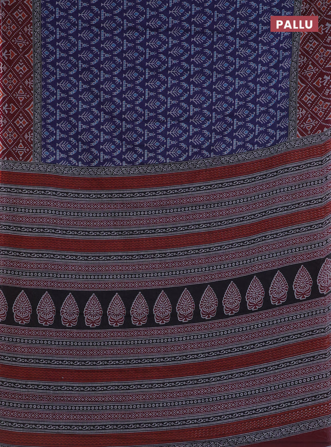 Muslin cotton saree blue and maroon with allover prints and printed border