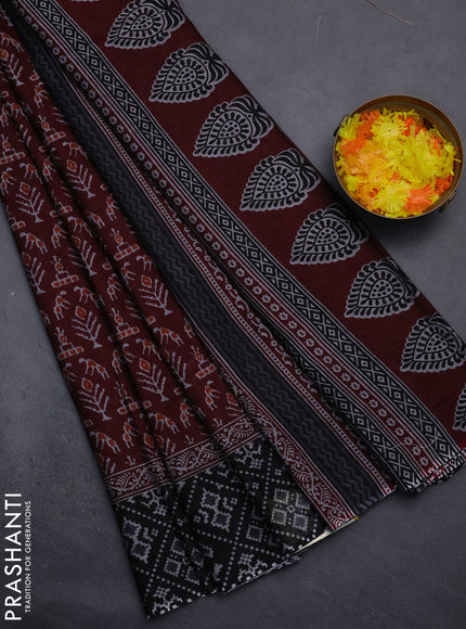 Muslin cotton saree maroon and black with allover prints and printed border