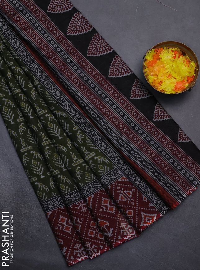 Muslin cotton saree sap green and maroon with allover prints and printed border