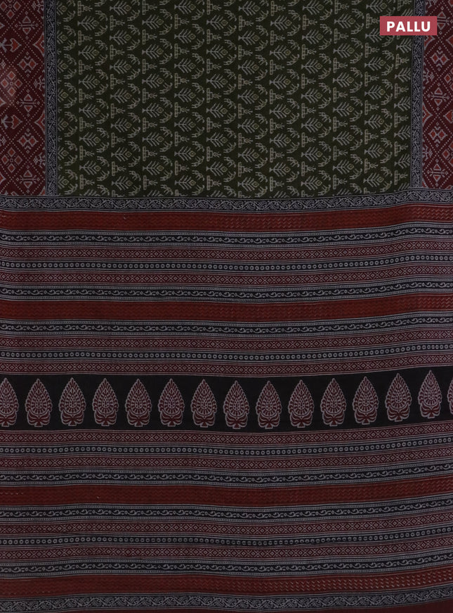 Muslin cotton saree sap green and maroon with allover prints and printed border
