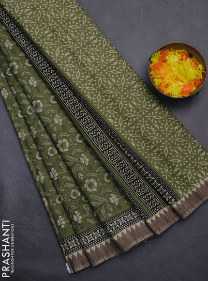 Muslin cotton saree pastel green and grey with allover kalamkari prints and printed border