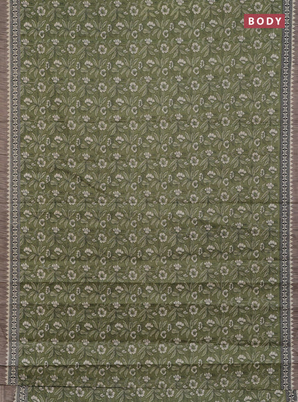 Muslin cotton saree pastel green and grey with allover kalamkari prints and printed border