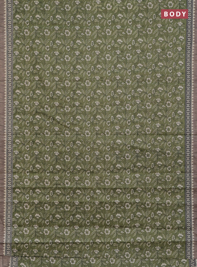 Muslin cotton saree pastel green and grey with allover kalamkari prints and printed border