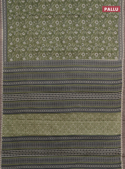 Muslin cotton saree pastel green and grey with allover kalamkari prints and printed border