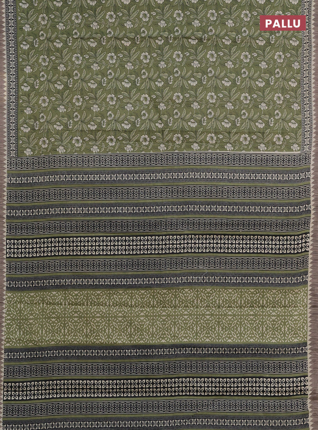 Muslin cotton saree pastel green and grey with allover kalamkari prints and printed border