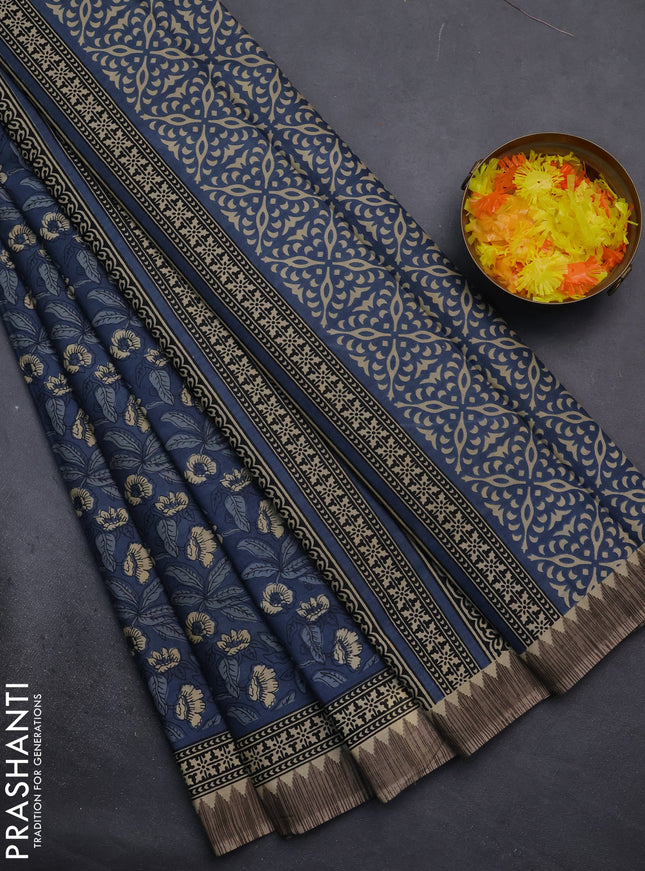 Muslin cotton saree blue and grey with allover kalamkari prints and printed border