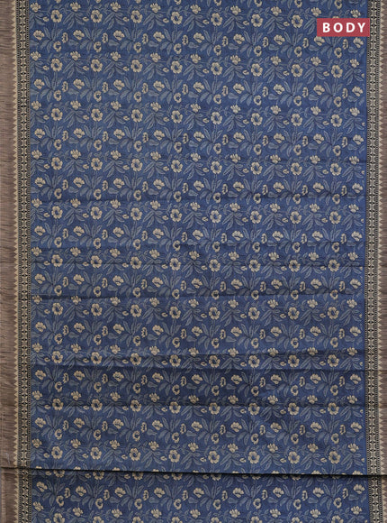 Muslin cotton saree blue and grey with allover kalamkari prints and printed border