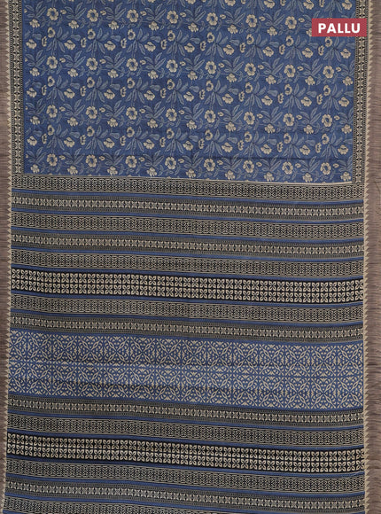 Muslin cotton saree blue and grey with allover kalamkari prints and printed border