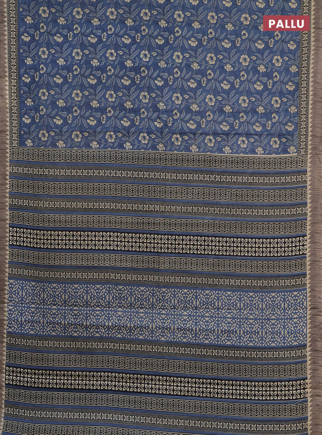 Muslin cotton saree blue and grey with allover kalamkari prints and printed border