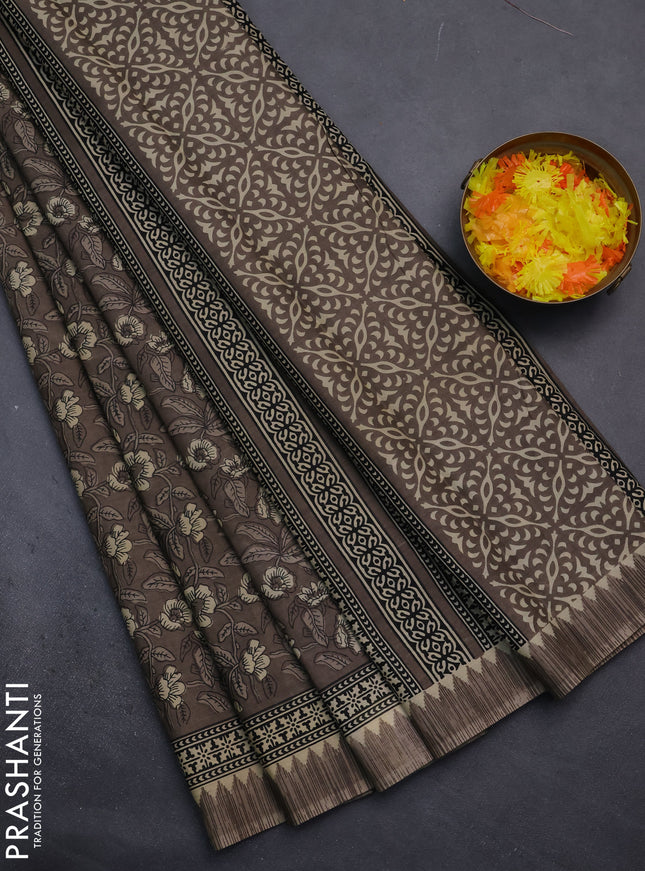 Muslin cotton saree grey with allover kalamkari prints and printed border