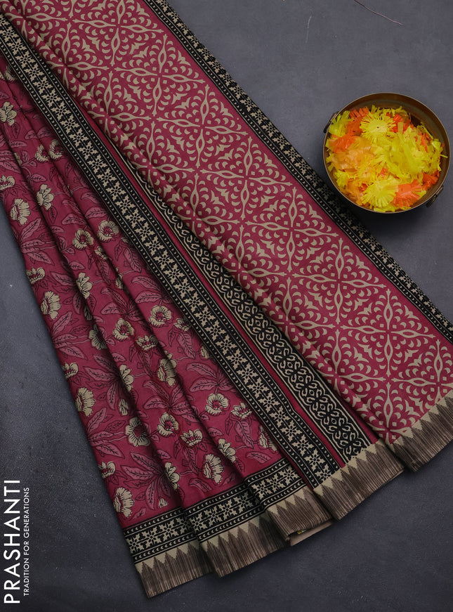 Muslin cotton saree maroon and grey with allover kalamkari prints and printed border