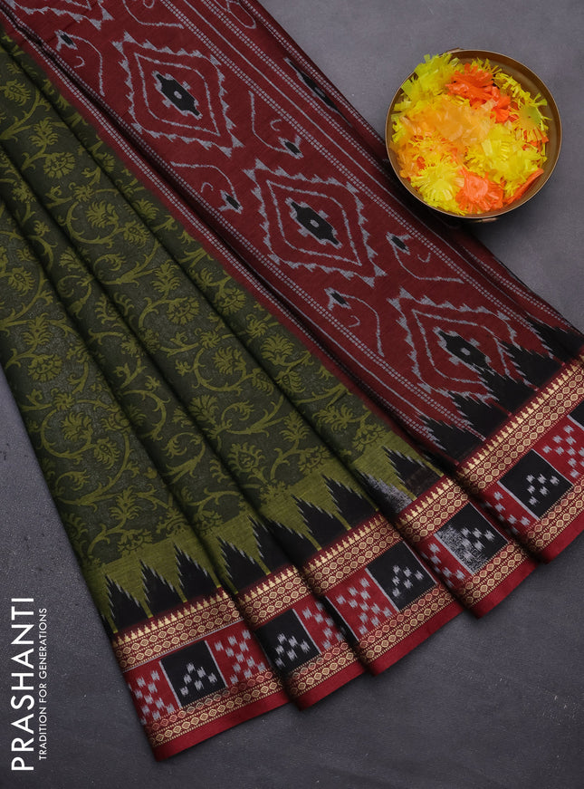 Muslin cotton saree sap green and maroon with allover prints and woven border