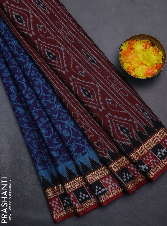Muslin cotton saree navy blue and maroon with allover prints and woven border