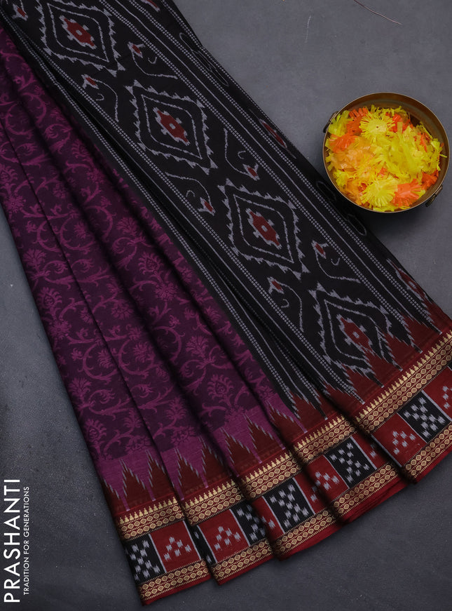 Muslin cotton saree deep purple and maroon with allover prints and woven border