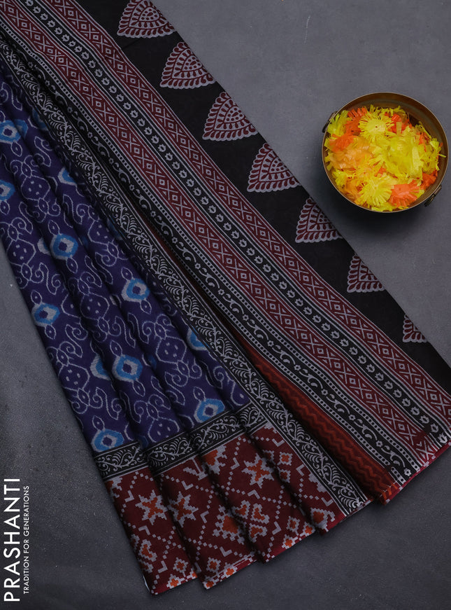 Muslin cotton saree navy blue and maroon with allover prints and woven border