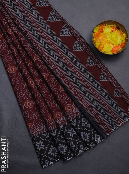 Muslin cotton saree maroon and black with allover prints and woven border