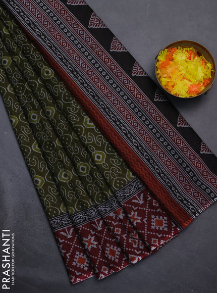 Muslin cotton saree sap green and maroon with allover prints and woven border