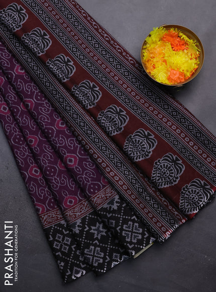 Muslin cotton saree deep purple and black with allover prints and woven border