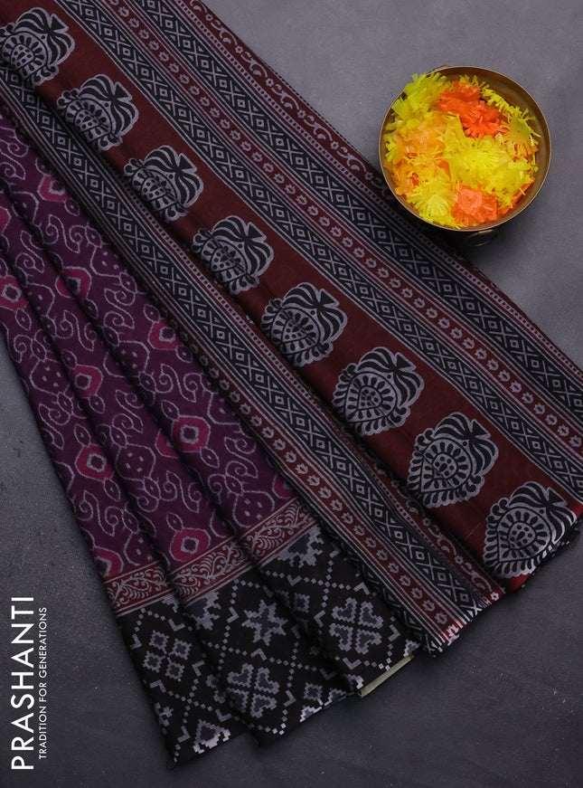 Muslin cotton saree deep purple and black with allover prints and woven border