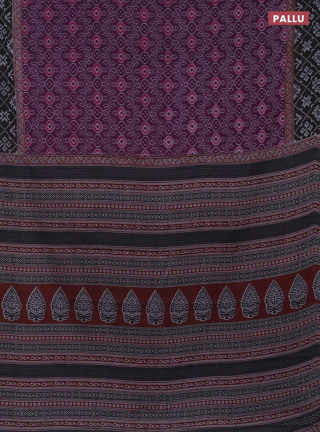 Muslin cotton saree deep purple and black with allover prints and woven border