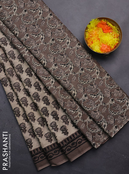 Muslin cotton saree beige and grey with floral butta prints and printed border