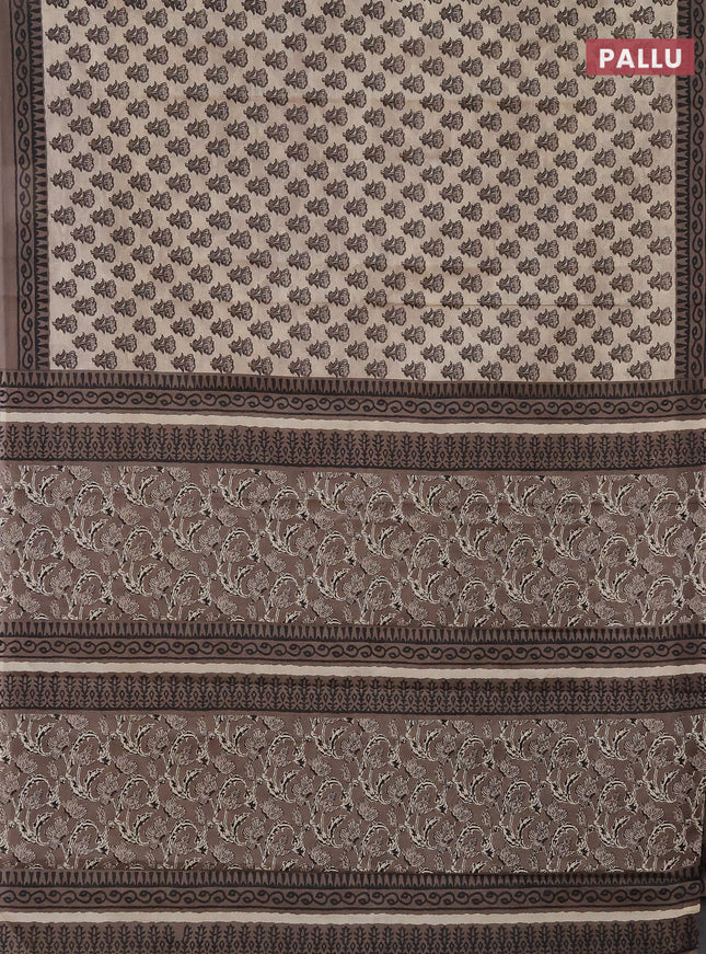 Muslin cotton saree beige and grey with floral butta prints and printed border