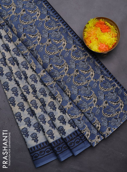 Muslin cotton saree bluish grey and blue with floral butta prints and printed border