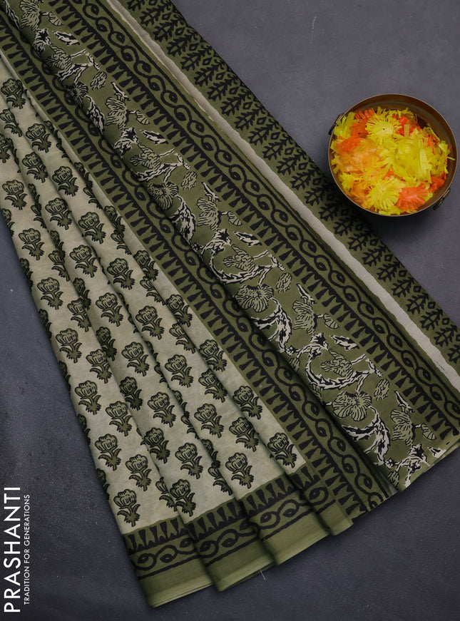 Muslin cotton saree elaichi green and pastel green with floral butta prints and printed border