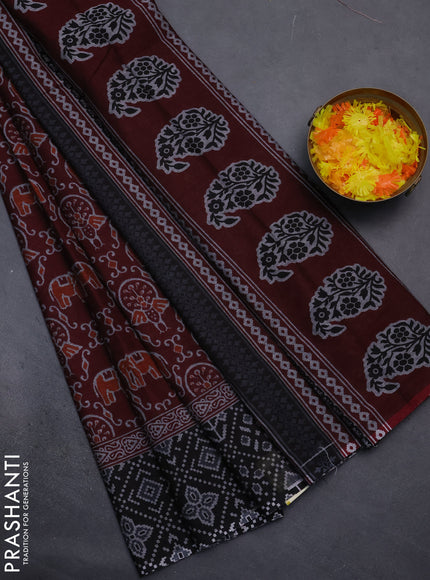 Muslin cotton saree maroon and black with allover prints and printed border