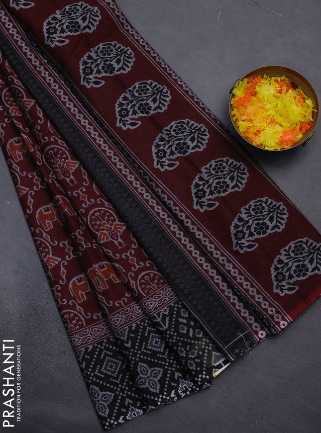 Muslin cotton saree maroon and black with allover prints and printed border